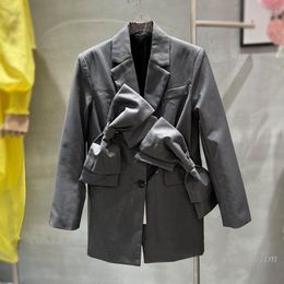 Women's Suits 2023 Spring Fashion Bow Grey Blazer For Women Elegant Professional Suit Jacket Ins Ladies Coat Outwears Long Coats