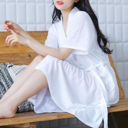 Women's Sleepwear V-Neck Short Sleeve Robe Pyjamas Open Stitch Lace-up Pockets Unisex Nightgown Summer Loose Waffle Bathrobe Bath Gown