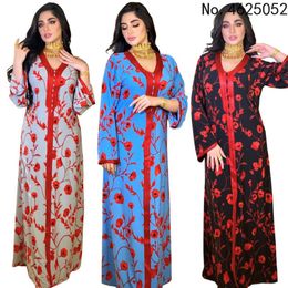 Ethnic Clothing Vintage Floral Print Maxi Long Dress V-Neck Female Casual Abayas For Women Dubai Islamic Fashion Muslim Robe 2023Ethnic