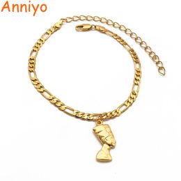 Charm Bracelets Anniyo Egyptian Queen Nefertiti Anklet for Women Gilrs Foot Chain Jewelry Gold Color Wholesale Jewellery African #215106 230328