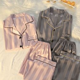 Women's Sleepwear Pajama Set High Quality Lightweight Luxury Silk Women's Pajamas SpringSummer Long Sleeve Cardigan Set Fashion Ice Silk Home Clothing 230329