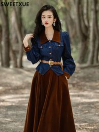 Two Piece Dress Autumn Winter Temperament Vintage French Velvet Patchwork Denim Top Belt Velvet Long Skirt Two-piece Suits Women 230329