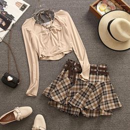 Work Dresses Spring Summer Plaid Two-piece Set Women Lace-up Long-sleeved Tops A-line Skirt Suit Casual Fashion Slim Hollow T-shirt Skirts