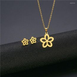 Necklace Earrings Set Fashion Simple Hollow Flower Butterfly Tree Elephant Heart Shape Gold Colour Stainless Steel Jewellery Gift