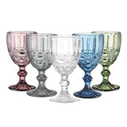 Vintage Embossed Coloured Wine Glasses with Stem Pressed Pattern Glass Water Goblet for Party Wedding Rentals