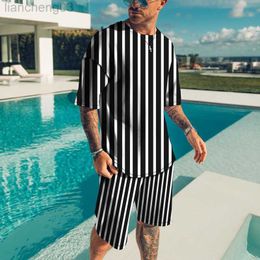 Men's Tracksuits Black And White Stripes T Shirt Set Fashion Men Tracksuit Suit Short Sleeve Tshirts Shorts Oversized 6XL Casual Streetwear Sport W0329