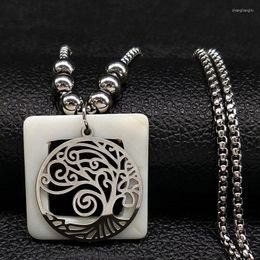 Pendant Necklaces 2023 Tree Of Life Shell Stainless Steel Statement Necklace Women Boho Silver Colour Bead Long Jewellery Joyas N18524S07