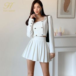 Two Piece Dress H Han Queen Spring Two-piece Square Collar Double-breasted Coat Fashion Mini Pleated Skirt Casual Women's Suit Skirt 230329