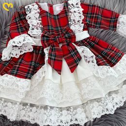 Girls Dresses Ma Baby 17Y Christmas Red Dress Kid Children Toddler Plaid Print Bow Lace Tutu Party Year Xmas Costumes D01 230329