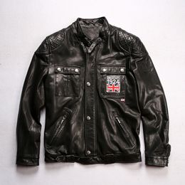 Beckham style hunting leather men stand collar multi-pocket motorcycle sheep leather jacket 1924 England Flag