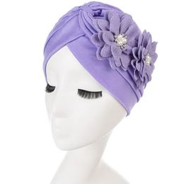 Autumn Winter New Headband Hat Muslim Fashion Flower Decal Pleated Women Indian Bonnet With Pearl Hijab Caps