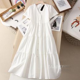 Casual Dresses 2023 Spring Summer Female Fashion Poplin Short Sleeve V-Neck White Long Dress Women Solid Color Simple DressesCasual