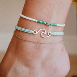 Anklets KISSWIFE Bohemia Black Waves Ankle Bracelet Set For Women Rice Bead Chain On Foot Anklet Female Boho Summer Jewellery