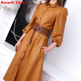 Casual Dresses High-end Custome Genuine Leather Dress Women Winter Female French Puff Sleeve Long Skirt With Belt Single-Breasted Jacket 230329
