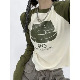 Womens TShirt Vintage Y2K Patchwork shirts Women Hippie O Neck Streetwear Long Sleeve Shirts Female Kpop Retro Korean Fashion Crop ops 230329