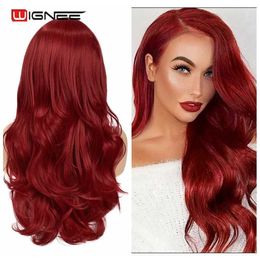 Synthetic Wigs Wignee Wavy Long Red Synthetic Wig for Women Middle Part Hair Heat Resistant Fibre American Cosplay Natural Sexy for 230227
