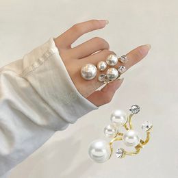 Women's Irregular Crystal Rhinestone Adjustable Rings Ladies Imitation Pearl Finger Open Ring Fashion Wedding Party Jewellery Gift