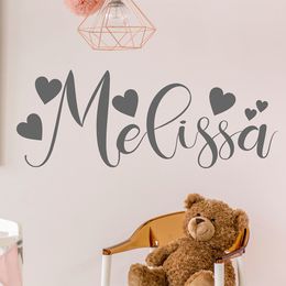 Wall Stickers Calligraphy Style Name Vinyl Wall Sticker Personalised Decal With Hearts Baby Girls Gift Nursery Room Sweet Decoration D251 230329