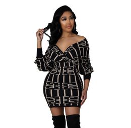 Casual Dresses V-neck Short Sleeve Printed High Waist Tight Dress Street Fashion Personality Women Vestidos