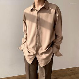 Men's Casual Shirts 2023 Solid Color Chiffon Silk Drape Khaki Long Sleeve Shirt For Men Loose Button Up Dress Korean Clothes Camisas