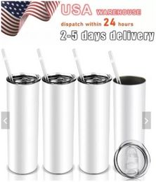 US Warehouse Sublimation Blanks Tumblers 20oz Stainless Steel Straight Blank white with Lids and Straw Heat Transfer Cups Water Bottles 25pcs/carton