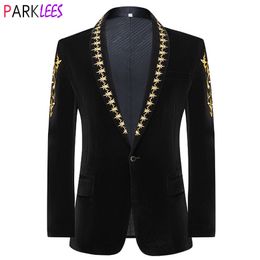 Men's Suits Blazers Luxury Gold Baroque Floral Embroidery Velvet Blazer Jacket Men Shawl Collar One Button Dress Blazers Wedding Dinner Party Tuxedo 230329