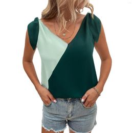Women's T Shirts Women Casual Tank Tops Color-Contrast V-Neck Sleeveless Bandage Vest Green Ladies Office Clothing T-Shirts