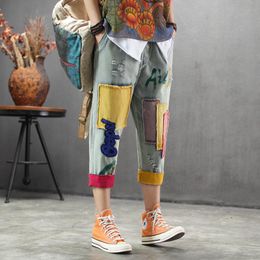 Women's Jeans High Quality Women Loose M-4XL Retro Patch Embroidered Printed Oversized Light Blue Washed Ripped Cropped Pants