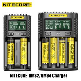 Original NITECORE UMS4 UMS2 Chargers LCD Display Intelligent QC Fast Charging 4A Large USB 4 2 Dual Slots Charge for IMR 18650 20700 21700 Universal Li-ion Battery