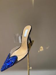 Elegant Temperament Dress Shoes Designer Slide Sexy Transparent High Heels Red Pointed Party Wedding Shoes Rhinestone Sandals Women 35-41