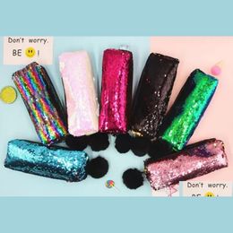 Party Favor New Sequin Pencil Case Cosmetic Bag Mermaid Spiral Reversible Student Double Color Zipper Make Up Pouch For Girls Drop D Dhgak