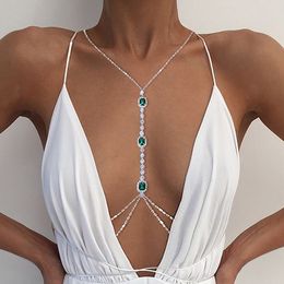 Nose Rings Studs Fashion Emerald Green Crystal Chest Chain Bras Chain Body Jewellery For Women Trendy Sexy Body Chain Beach Party 230328