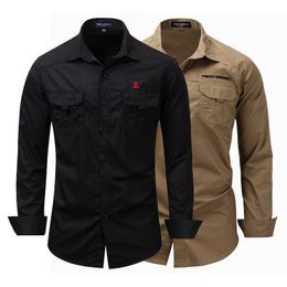 Men's Casual Shirts Men Casual Cotton Shirts Male Solid Long Sleeve Business Shirt Blouses Stand Collar Work Cargo Shirts Pocket Tops Homme Clothes 230329