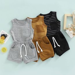 Clothing Sets Infant Baby Boys 2 Pieces Outfits Stripe Round Neck Sleeveless Tank Tops Solid Colour Elastic Waist Shorts Set