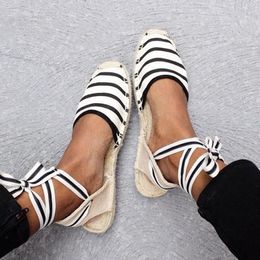 Sandals Summer Canvas Women Espadrilles Ankle Strap Platform Mediterranean Style Stripe Lace up Flat 230329