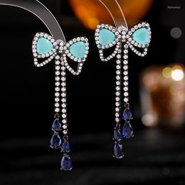 Dangle Earrings Long For Women Trendy S925 Silver Needle Elegant Super Fairy Temperament Blue Bow Water Drop Tassel Gift