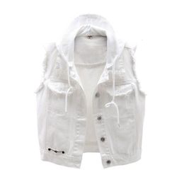 Women's Vests Women's White Brushed Denim Tank Top Casual Boyfriend Denim Coat Sleeveless Retro Removable Hooded Coat 230329