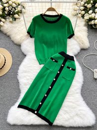 Two Piece Dress SINGREINY Gentle Knitted Summer Women Sets O Neck Tops Elastic Waist Button Fashion French Style Elegant Two Piece Set 230329