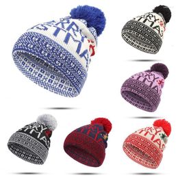 Beanies Beanie/Skull Caps Christmas Pom Beanie Hats Cartoon Print Soft Cosy Chapeau Female Bonnet Winter Warm Knitted Skullies Cap For Men