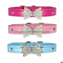 Dog Collars Leashes Designer Pet Accessories Supplies Shining Diamond Bow Cat Adjustable Size Solid Colour Pets Collar For Small An Dhata