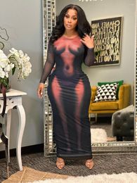 Casual Dresses Casula Sexy Long Sleeve Round Neck Printed Womens Party Club Slimming Skinny Bodycon Maxi Dress