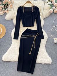 Two Piece Dress SINGREINY Halter Chain Women Two Pieces Suits Fashion Long Sleeve Mini TopHigh Waist Midi Bodycon Dress Autumn Solid Sexy Sets 230329