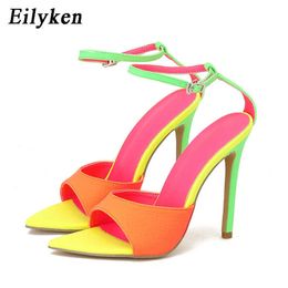 top Sexy Pointed Toe High Heels Sandal Summer Fashion Mixed Color Buckle Strap Women Party Stripper Shoes 230306