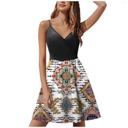 Casual Dresses 2023 Summer Women Vintage A-line Skirt Elegant Party Dress Sleeveless Suspenders Print Black Vestido