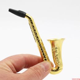 Metal Pipe Set Kit Mini Saxophone Trumpet Speaker Sax Shape Tobacco Pipes Smoking Herb Cigarette Pipe with Screens Mesh Filter Gold