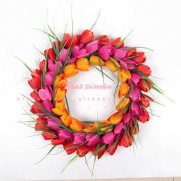 Decorative Flowers Wreaths 30cm 40cm Tulips Easter Decorations for Home Pink Wedding Flower Garland with LED Lights Door Decor Ornaments P230310