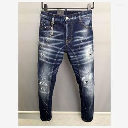 Men's Jeans Trendy Casual Men's Letter Hole Spray Painted Fashion High Street Denim Fabric Pants A508