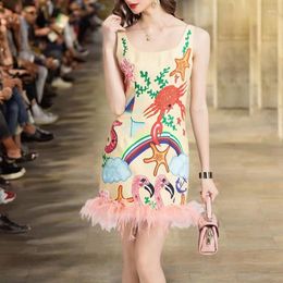 Casual Dresses 2023ss Summer Women'ssquare Territorial Sea Star Print Sling Dress Y2k Fashion High Street Ostrich Fur Hem A-line Mini