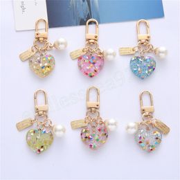 Bling Acrylic Heart Keychain With Colourful Sequin Sweet Pearl Metal Keyring For Women Girls Earphone Purse Decoration