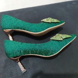 Dress Shoes Green Silk Bowtie High Heels Pumps For Women Sexy Pointed Toe Metal Stiletto Wedding Party Woman 2023 Spring BombasDress